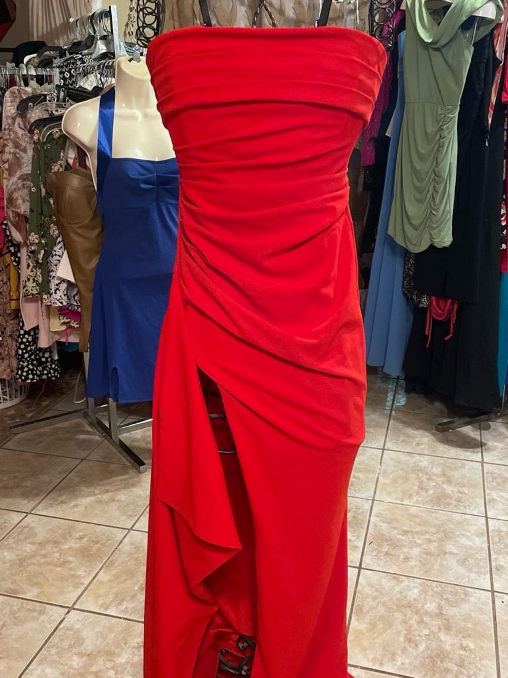 Strapless Red Evening Gown - Elegant Ruched Silhouette